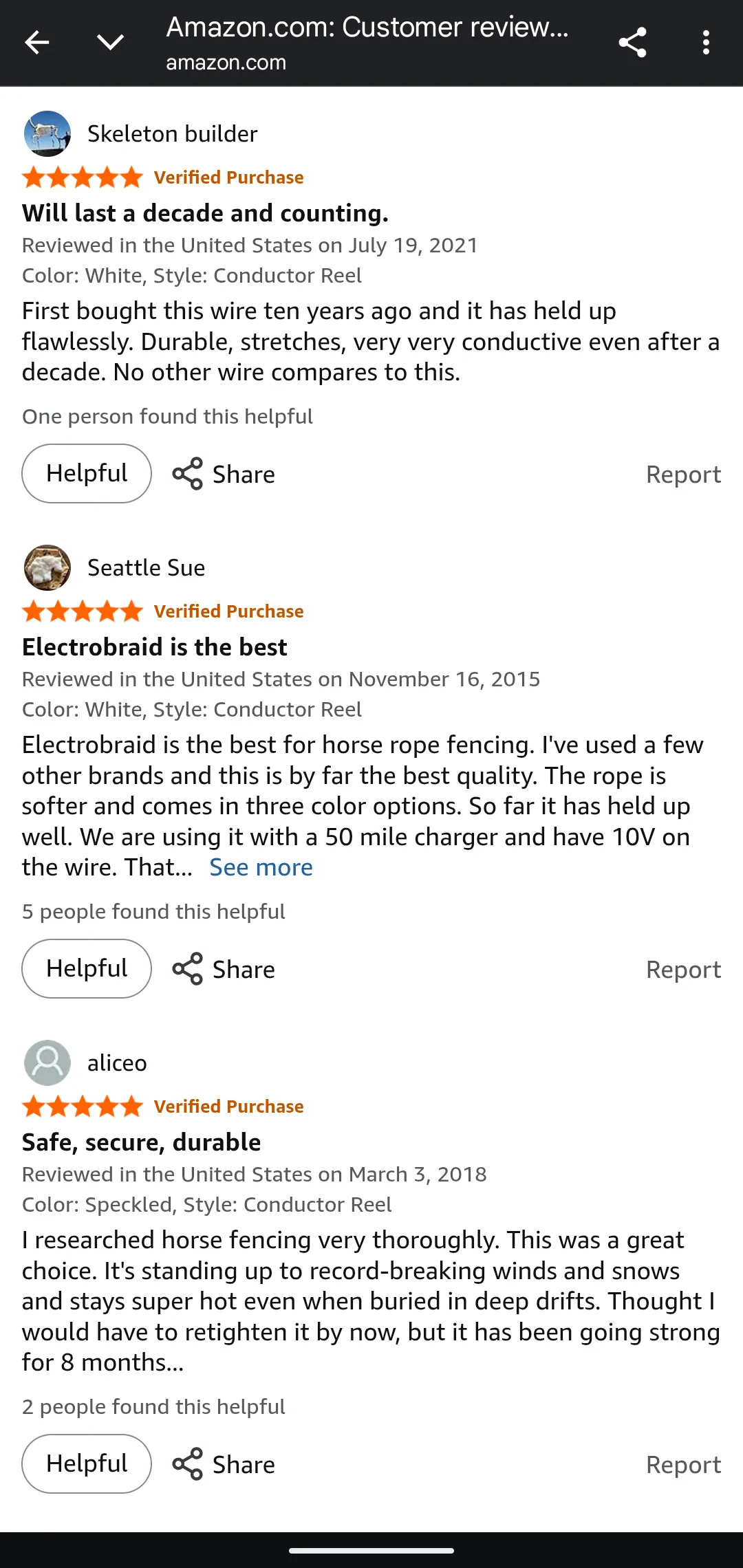 5-star Amazon customer review praising ElectroBraid's 10-year durability