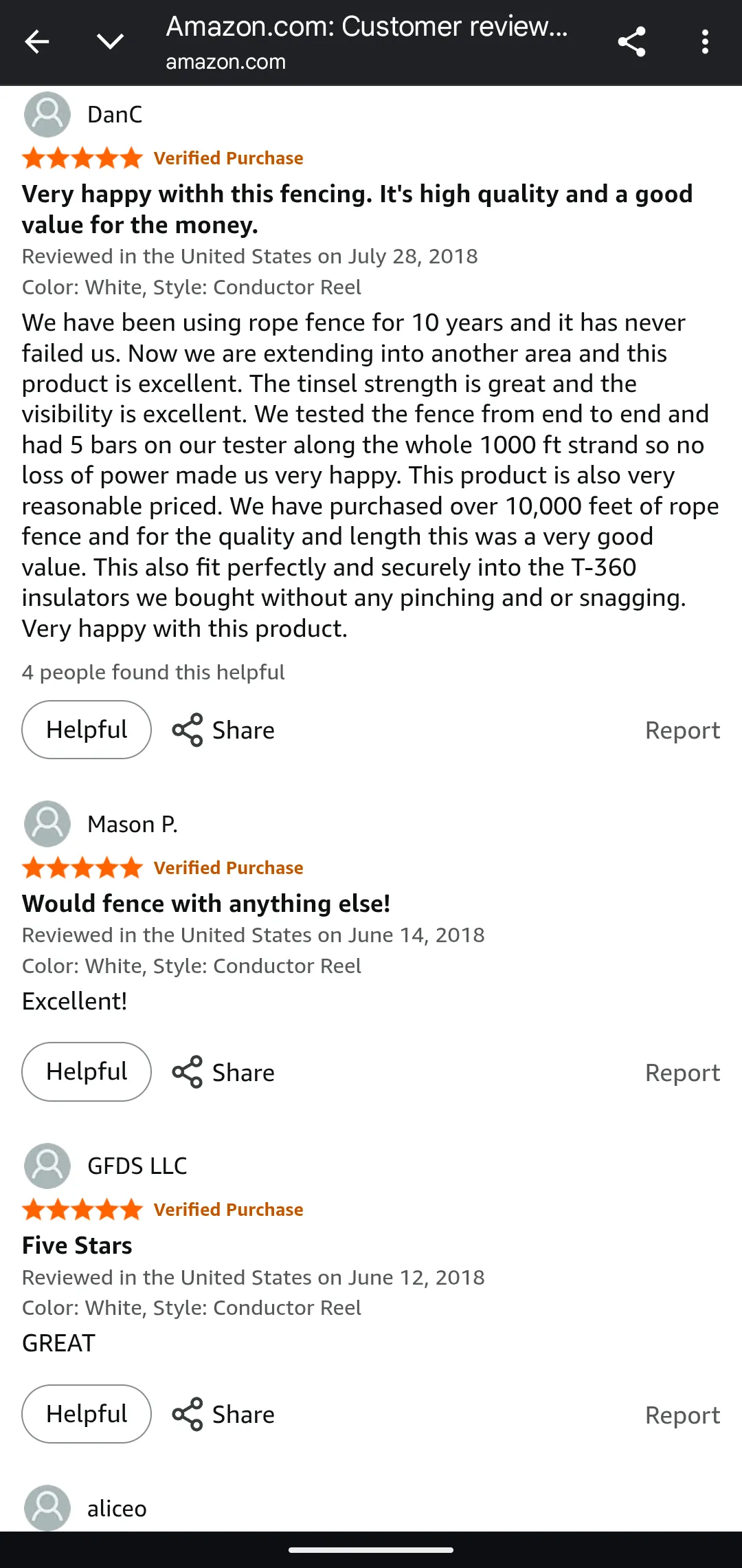 5-star Amazon customer review highlighting quality and value, 10,000+ feet purchased